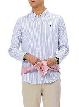 Camisa El Pulpo Oxford listrada branca e azul para homem.