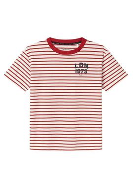 Camiseta Pepe Jeans James listras vermelhas e bege.