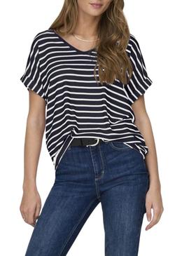 Camiseta Only Moster decote em V listras azul marinho para mulher
