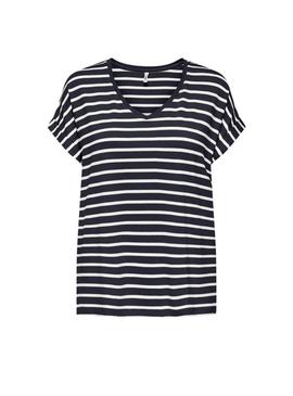 Camiseta Only Moster decote em V listras azul marinho para mulher