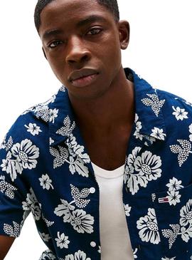 Camisa Tommy Jeans Hawaii azul marinho para homem.