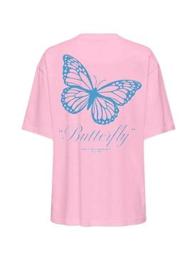 Camiseta Only Vivvi Buterfly rosa para mulher.