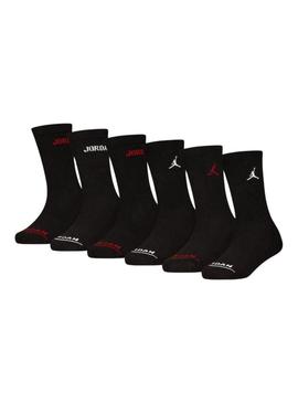 Pacote de meias Jordan com seis pares pretas para meninas e meninos.
