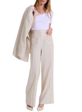 Calças Naf Naf risca diplomática bege para mulher