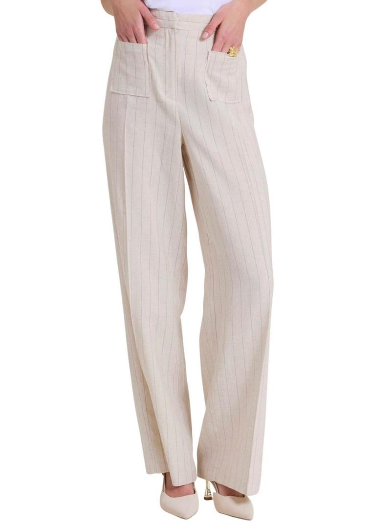 Calças Naf Naf risca diplomática bege para mulher