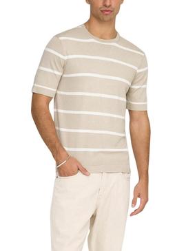 Camiseta Only and Sons Wyler listrada bege para homem.