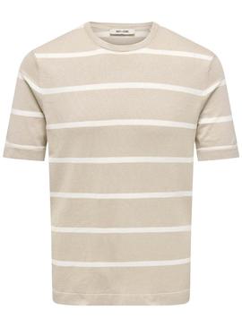 Camiseta Only and Sons Wyler listrada bege para homem.