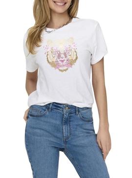 Camiseta Only Lucia tigre branco para mulher