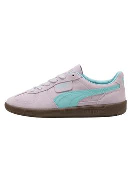 Sapatilhas Puma Palermo rosa e turquesa para mulher.