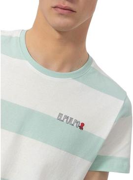Camiseta   El Pulpo Listras turquesa e branca para homem