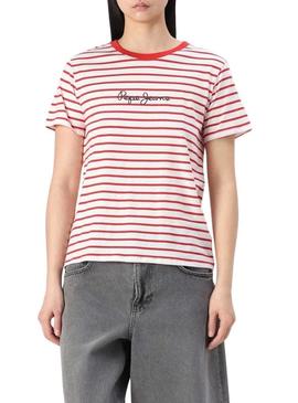 Camiseta Pepe Jeans Elba vermelha e branca para mulher