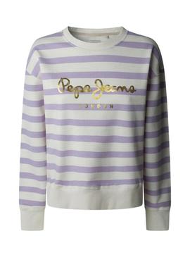 Moletom Pepe Jeans Anna listrado lilás e branco para mulher.