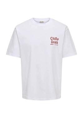 Camiseta Only and Sons Tristan Chilly Dogs branca para homem.