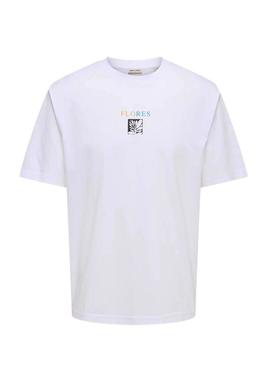 Camiseta Only and Sons Tristan Flores branca para homem.