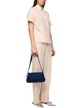 Calça Pieces Sally listrada em tons de tostado para mulher.