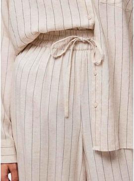 Calça Pieces Pia Wide listrada bege para mulher.