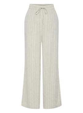 Calça Pieces Pia Wide listrada bege para mulher.