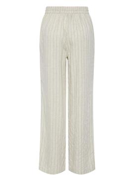 Calça Pieces Pia Wide listrada bege para mulher.