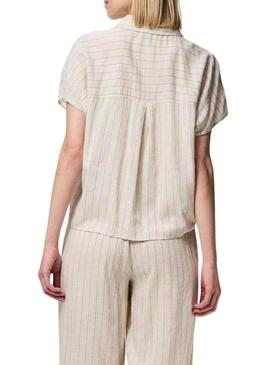 Camisa Pieces Pia listrada bege para mulher