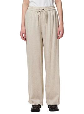 Calça Pieces Pia Wide bege para mulher.