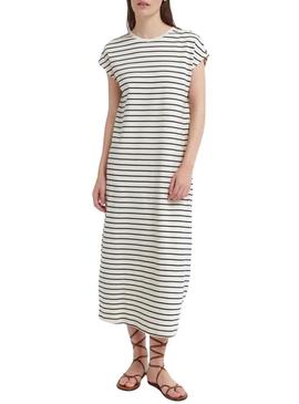 Vestido Vila Visinny bege estampado com listras pretas para mulher.