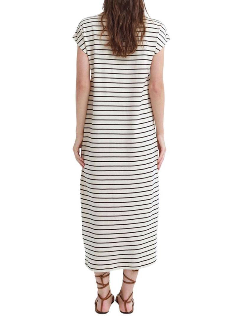 Vestido Vila Visinny bege estampado com listras pretas para mulher.