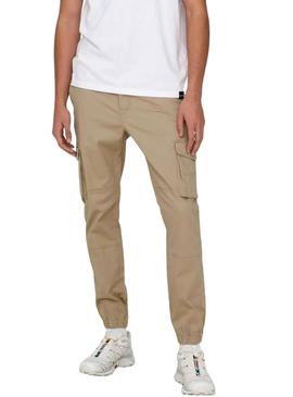 Calça Only and Sons Carter cargo bege para homem.