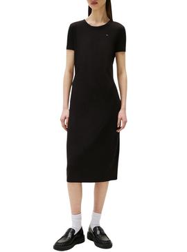 Vestido Tommy Jeans Rib Bodycon preto para mulher.