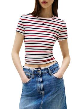 Camiseta Tommy Jeans Essential Rib listrada para mulher.