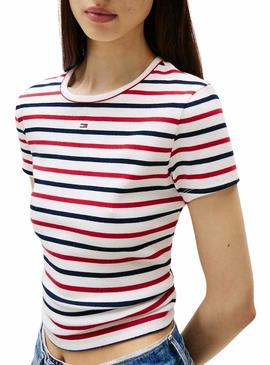 Camiseta Tommy Jeans Essential Rib listrada para mulher.