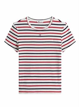 Camiseta Tommy Jeans Essential Rib listrada para mulher.