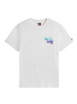 Camiseta Tommy Jeans Stack Backprint branca para homem.