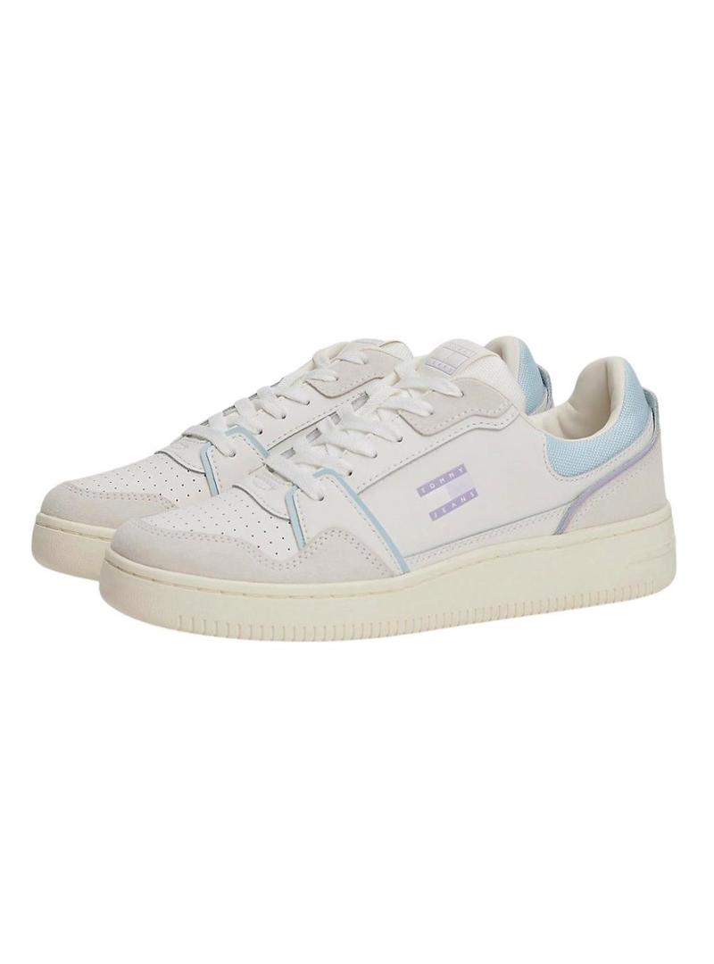 Sapatilhas Tommy Jeans Retro Basket branco e lilás para mulher.