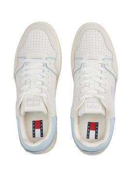 Sapatilhas Tommy Jeans Retro Basket branco e lilás para mulher.