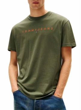 Camiseta Tommy Jeans Linear Logo verde para homem.