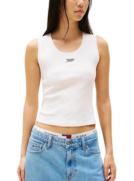 Camiseta Tommy Jeans Slim Script branca para mulher.
