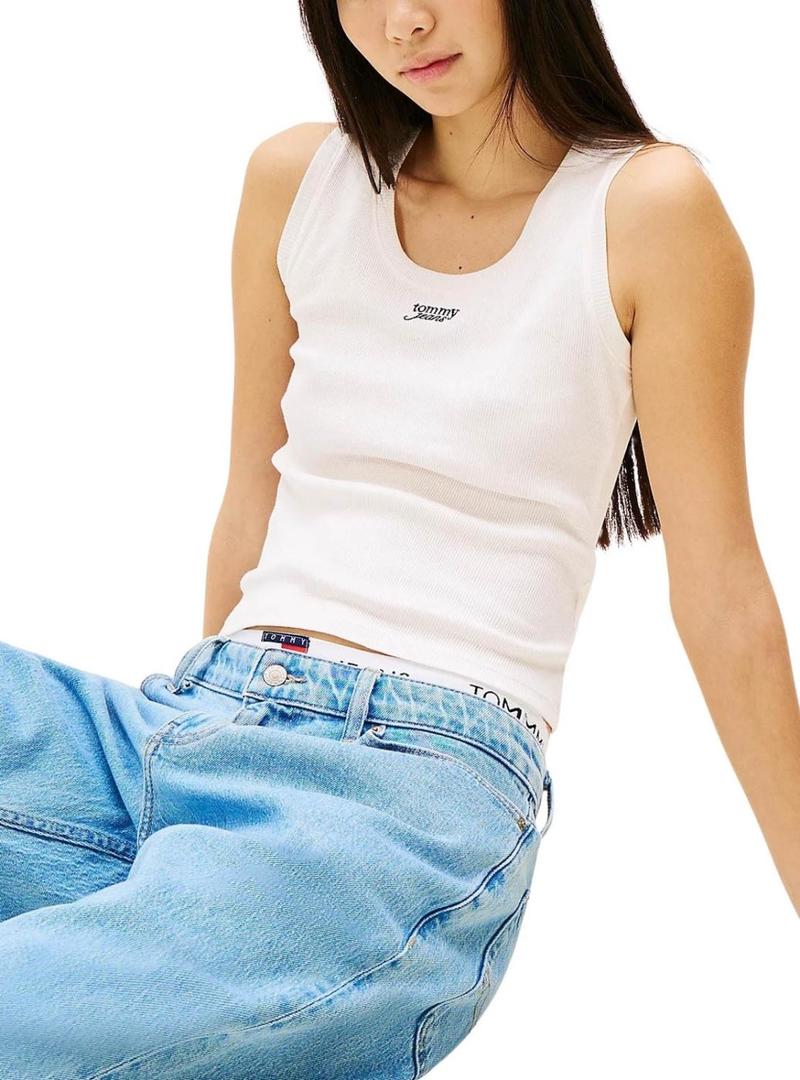 Camiseta Tommy Jeans Slim Script branca para mulher.