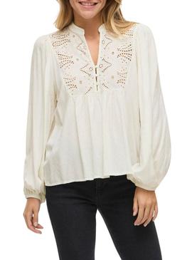 Blusa Vila Vityra de renda bege para mulher.
