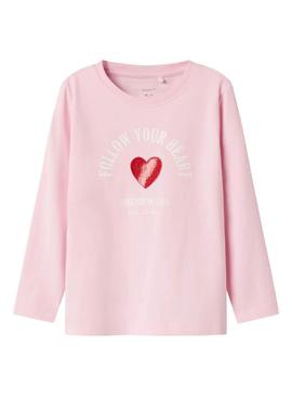 Camiseta Name It Lira rosa coração para menina.
