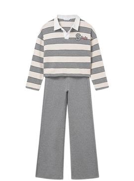 Conjunto Maioral calça e polo listrado cinza menina