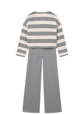 Conjunto Maioral calça e polo listrado cinza menina
