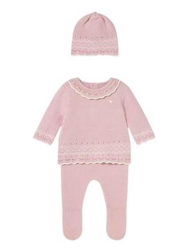 Conjunto de 3 peças tricot rosa para bebê.