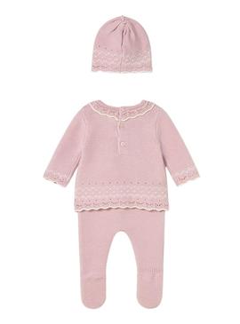 Conjunto de 3 peças tricot rosa para bebê.