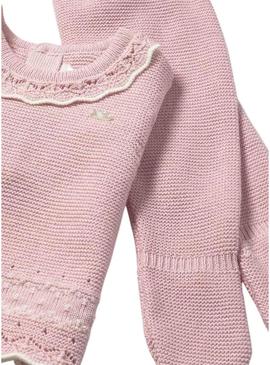 Conjunto de 3 peças tricot rosa para bebê.