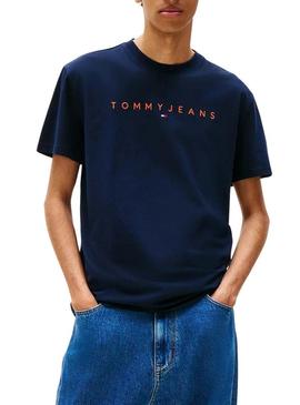 Camisa Tommy Jeans Linear Logo azul marino para homens.