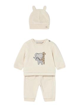 Terno de treino Mayoral 3 peças em veludo cotelê bege para menino.