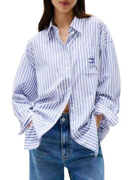 Camisa Tommy Jeans Badge Stripe azul para mulher.