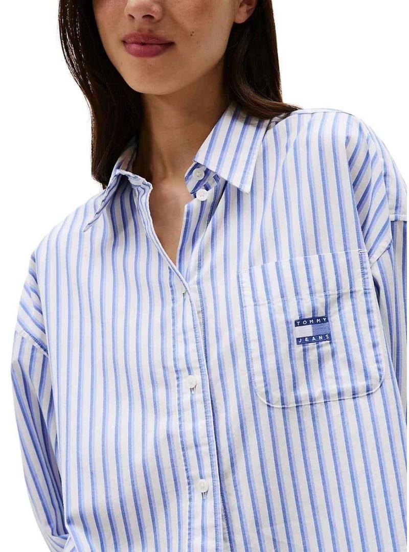 Camisa Tommy Jeans Badge Stripe azul para mulher.