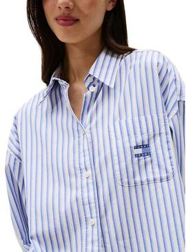 Camisa Tommy Jeans Badge Stripe azul para mulher.