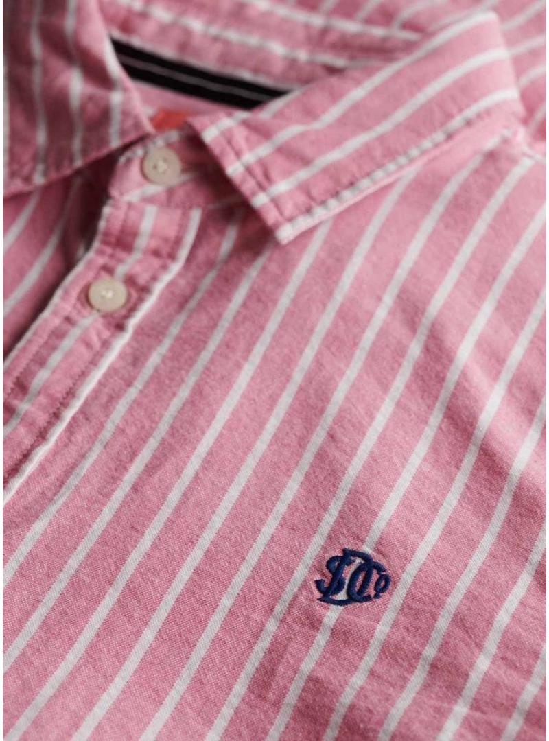 Camisa Superdry Oxford listrada rosa e branca para mulher.
